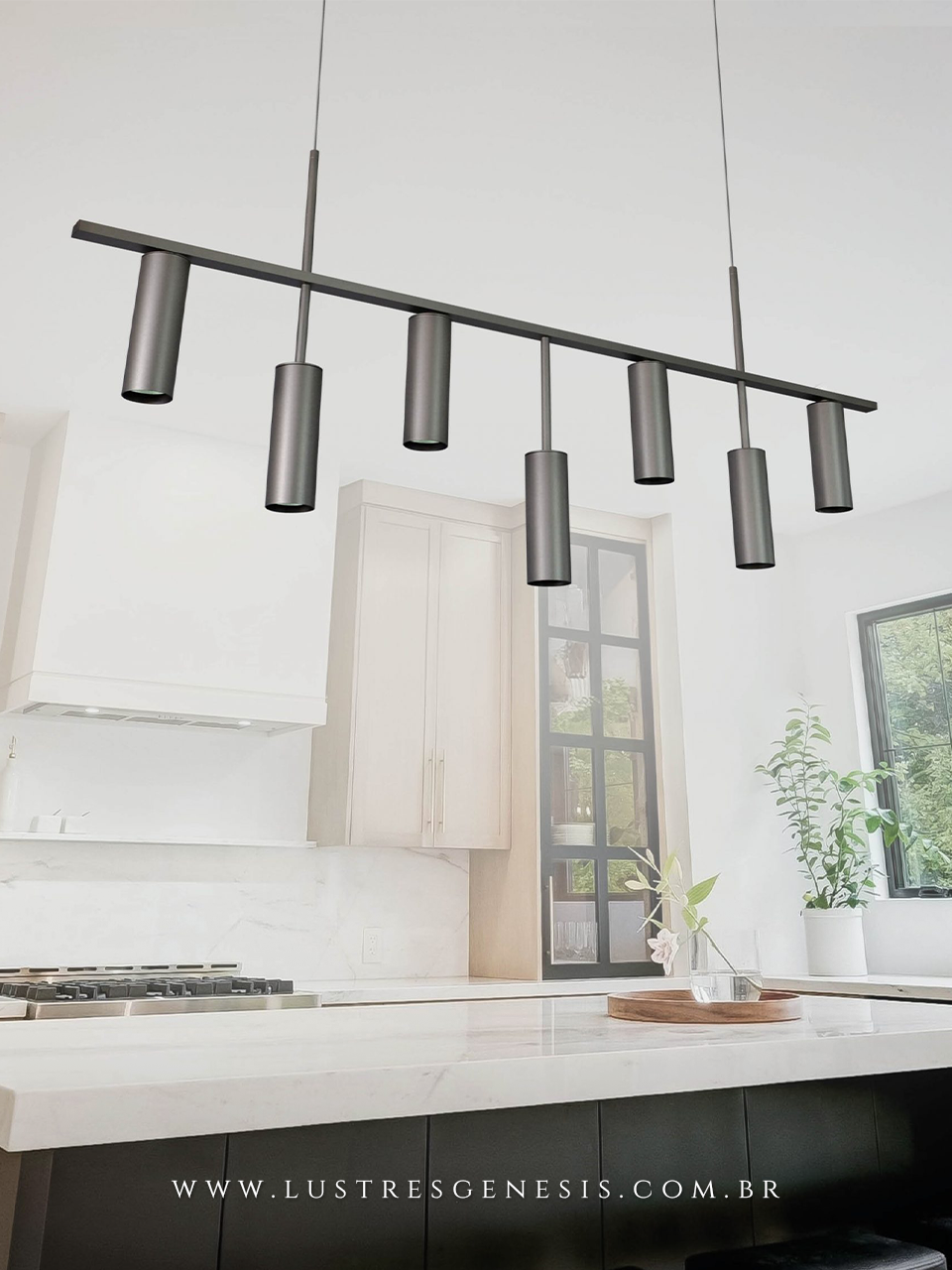 Lustre Pendente Retangular Pipe B7 Preto Minimalista para Balcão de Cozinha, Bancada Area Gourmet, Sala de Jantar e Suite Master